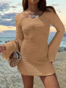 Women's Solid Color Sexy Hollow See-Through Backless Design Long Sleeve Coverup Crop Dress, Suitable For Beach Vacation, Spring/Summer White - Camel - View 4