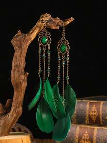 一对波西米亚风彩色羽毛耳环，手工水晶链长耳环，适合搭配汉服、旅行、摄影、作为节日礼物 - 捕夢系列 - 查看 13