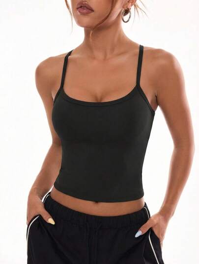 FWH Removable Padded Strap Criss-Cross Design Fitted Camisole, With Removable Padded Cups, Waist Cinching Design, Vintage Sporty Fashion Style, Women's Retro Sporty Camisole