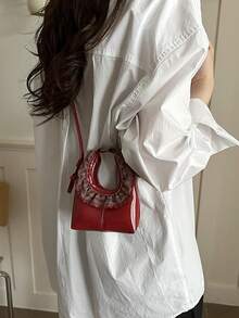 Mini Handbag, Fashion Lace Ruffle Crescent Moon Bag, Handheld Small Bag, Stylish Red Shoulder Small Bag - Red - View 4