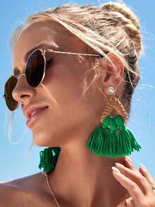 Tropical Geometric Tassel Earrings, Green Pendant Vacation Style Beach Side Face Flattering Bohemian Earrings, Perfect For Photo Shoots - Tassel Earrings - View 7