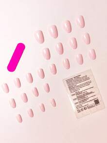 24片/套 短款椭圆形柔和裸粉色纯色简约风格美甲贴片，包含甲油胶和指甲锉，适合女孩/女士日常佩戴，办公场合，下午茶，派对美甲用品 - 淺粉色 - 查看 3