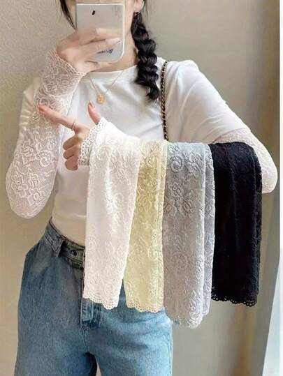 2件套女士蕾丝防晒袖套 - 优雅透气针织面料，纯色设计，适合夏季户外活动，袖子设计优雅，针织结构