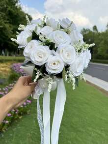 Bó hoa cưới cô dâu/phù dâu kiểu phương Tây, hoa hồng nhân tạo, bó hoa giả lá xanh, phụ kiện hoa nụ ren cho chụp ảnh cưới ngoài trời, phụ kiện ném hoa cô dâu trong tiệc cưới ngày Valentine. - Nhiều màu - Xem 2