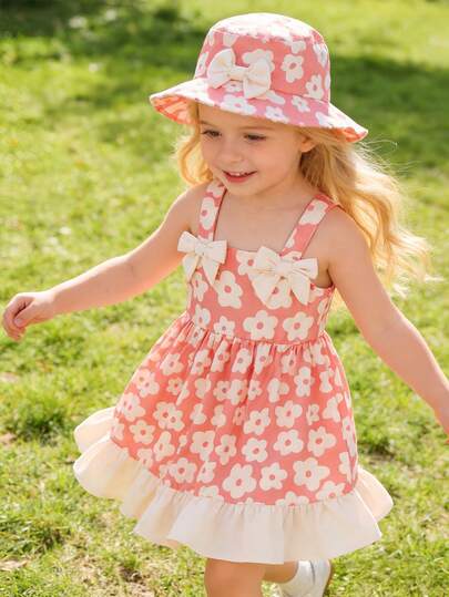 2 piezas Conjunto de vestido y sombrero lindo para niñas, vestido cómodo y casual con estampado floral, volantes en el bajo, tirantes con moño, adecuado para verano, uso diario, al aire libre, campamento, vacaciones, té, reuniones y fiestas