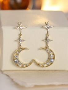 1 Pair Women's Earrings, Star & Moon Inlaid Synthetic Zirconia Earrings, Elegant Design Fashion Versatile Jewelry Suitable For Women's Daily Wear And Gifts - Earrings Earrings - View 5