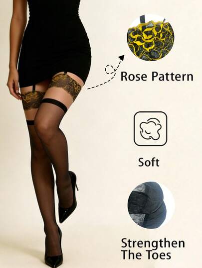 1 Pc Black Sheer Thigh High Socks With Gold Rose Lace Floral Pattern, Suspender Straps Sexy Sultry Style, Party Ready For Date Nights & Club Wear