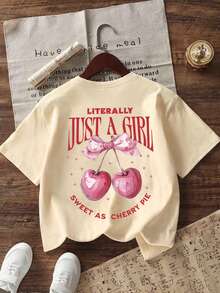 Tween Girl Creative Bow & Cherry Print T-Shirt, Soft & Comfortable Fabric, Suitable For Girls' Outdoor Sports, Daily Wear, Street & Campus Style, Fashionable Spring/Summer Casual Versatile Top - Apricot - View 6
