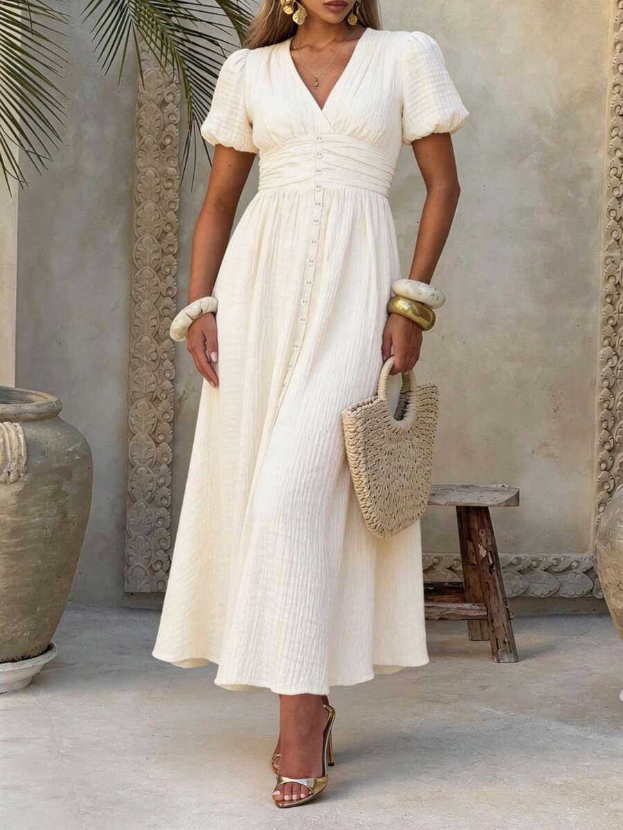 PoPoHouse Women's Solid Color Elegant V-Neck Puff Sleeve Dress, Suitable For Resort Wear, Spring/Summer - Apricot - View 1