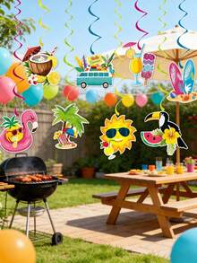 16pcs/1set Hawaiian Luau Birthday Party Hanging Swirl Decor,Summer Beach Party Hanging Decor,Hawaiian Party Decor,Tropical Palm Flamingo Hanging Swirls Streamers Beach Theme Decorations For Summer Birthday Wedding Hawaii Theme Party Supply. - A - View 7