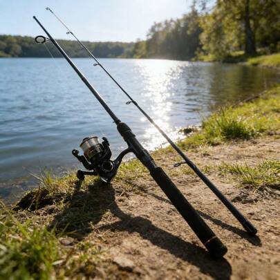 Premium Grit Stick Spinning Fishing Rod And Reel Combo, 6'6" 2-Piece Medium Action Rod, Size 3000 Reel, Ambidextrous Retrieve, Black With Orange
