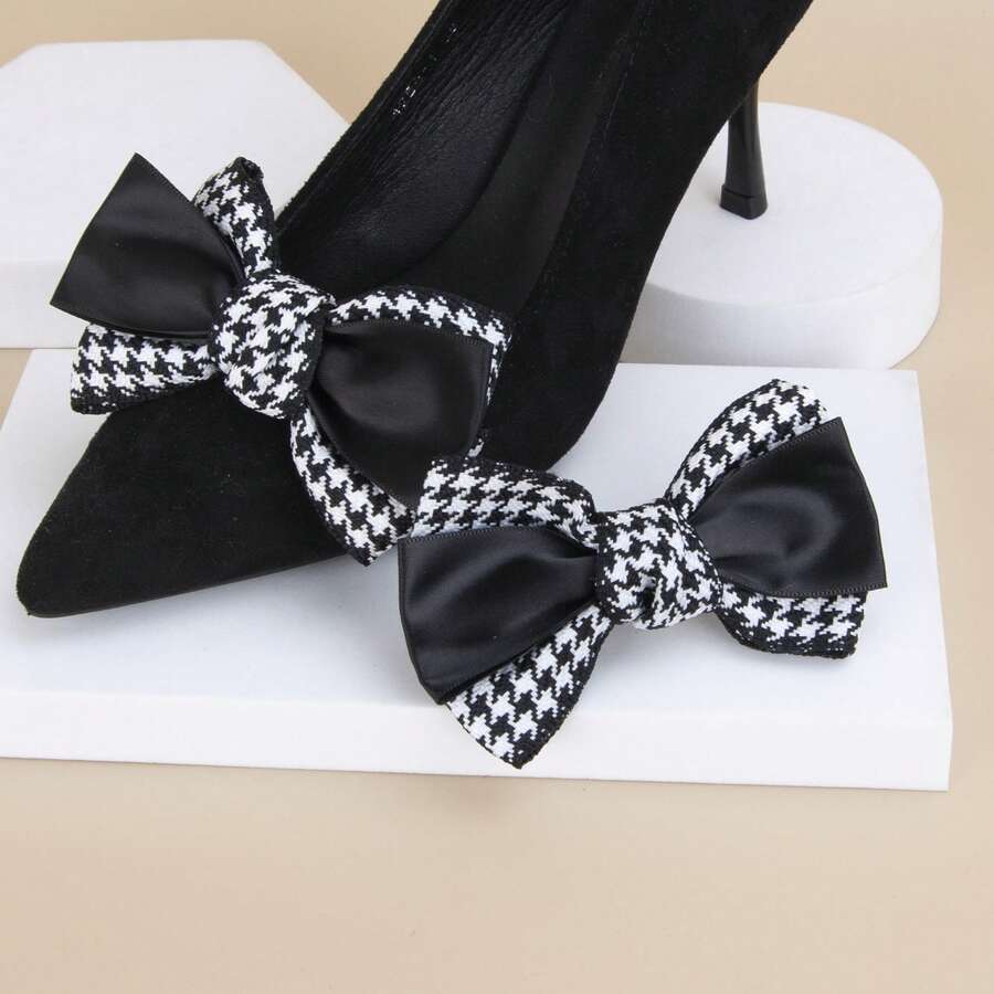 1 Pair Elegant Minimalist Black Houndstooth Pattern Black Stripe Detachable Shoe Clips, Suitable For Wedding, Party, High Heels - Black - View 1