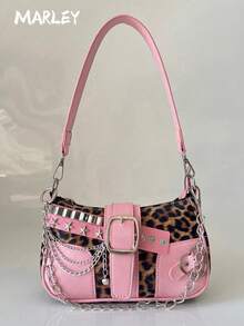 Fashionable Versatile Crescent Moon Bag, Y2K Millennium Chain Strap Shoulder Bag, One Shoulder Underarm Bag, Pearl Strap, Handheld One Shoulder Crossbody Bag, Chain Small Bag, Multiple Interchangeable Straps - Hồng - Xem 1