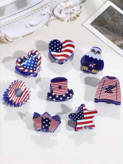 8件套美国国旗印花迷你发爪套装，爱国亚克力发爪，独立日女性女孩发饰