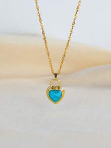 1pc Vintage Tiger Eye Gemstone Pendant Copper Necklace, Oval Sunburst Heart Rhinestone Plated Gold Stainless Steel Chain, Suitable For Women's Daily And Festival Wear Or Jewelry Gift - Gold + Royal Blue - View 12