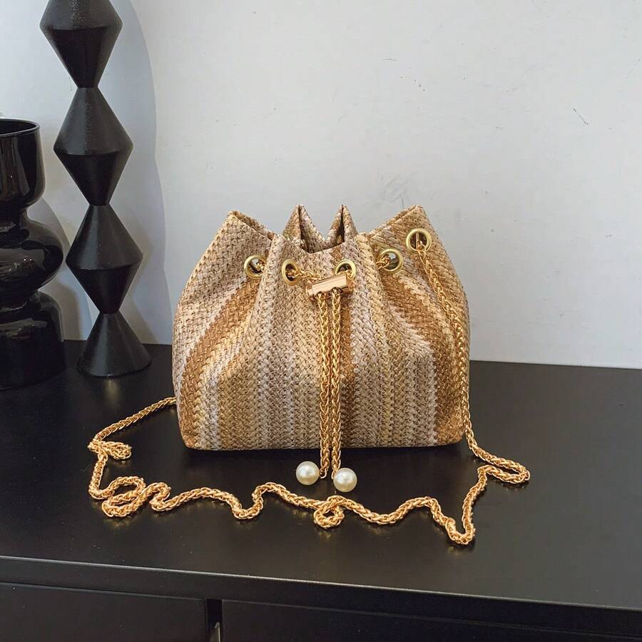 Woven Texture Fashion New One Shoulder Diagonal Handbag, Tote Bag For Work Commute, Drawstring Bucket Bag With Simple Stylish Metal Chain Shoulder Strap
