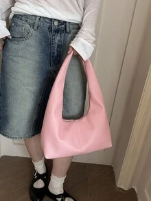 1 pieza Bolso de mano de unicolor de PU personalizado para uso diario, bolso de tela minimalista, bolso de hombro, bolso de sobaco - Rosa - Ver 6