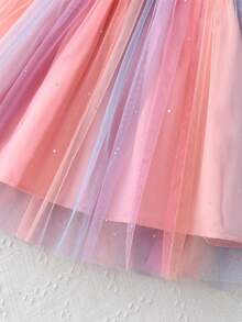 Girls' Gradient Purple Mesh Spaghetti Strap Dress: Ruffle Shoulder Straps + Elastic Bust Design, Cute And Sweet, Layered Gradient Mesh Skirt With Sequins, Dreamy Macaron Color, Princess Style, Suitable For Baby Birthday Party/Holiday Celebration - Pink - View 7