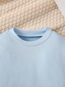Camiseta interior de cuello redondo de unicolor y cálida para niños, camiseta de manga larga esencial para uso diario de niños pequeños - Celeste - Ver 3