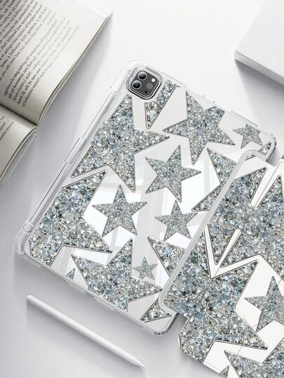 1pc Cute Cartoon Diamond Star Double-Sided Acrylic Transparent Crystal Back Cover, Shock-Resistant And Durable, Suitable For IPad 7th, 8th And 10th Generation (10.2 Inch). It Has A Built-In Pen Slot And Supports Sleep/Wake Function. An Ideal Gift For Halloween And New Year.