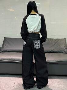 1件韩版街头风印花撞色拼接宽松阔腿牛仔裤，舒适休闲百搭，四季皆宜（不含腰带/配饰）黑色春季款 - 黑色 - 查看 3