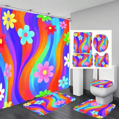 1件/4件套彩色花卉图案浴室装饰浴帘套装，免费赠送12个挂钩，营造优雅节日氛围，包含浴室地垫、U型马桶垫和圆形马桶垫，适用于各种场合。