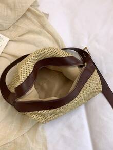 New Woven Beach Bag, Women Simple Shoulder Bag - Black - View 7