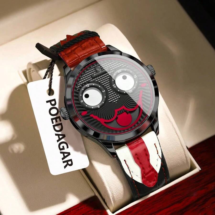 POEDAGAR 男士嘻哈休闲小丑造型个性化石英表，表盘设计独特新颖 - 白色 - 查看 1