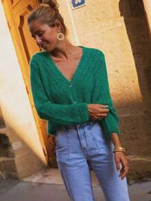 Solid Color Cardigan Long Sleeve Knit Sweater Jacket, Autumn/Winter - 墨綠色 - 查看 6