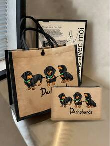 Yellow Linen Dachshund Pattern Tote Bag - Multifunctional Large Capacity Handbag And Wallet Set, Including Small Wallet - Multicolor - View 4