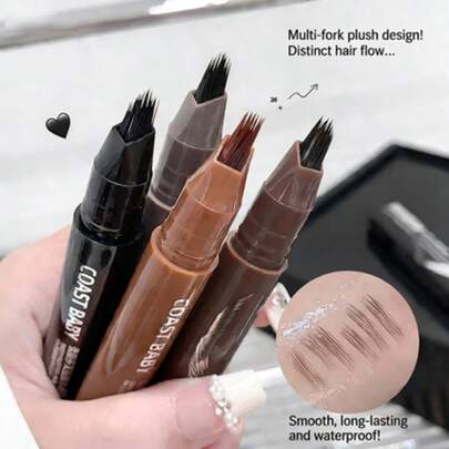 1pc Available In 4 Colors, This Moisturizing And Glossy Multi Pronged Eyebrow Pencil Features A Flexible Fiber Tip And A Finely Carved Texture Shell Design, Presenting A Natural Hair Flow Texture Pattern.