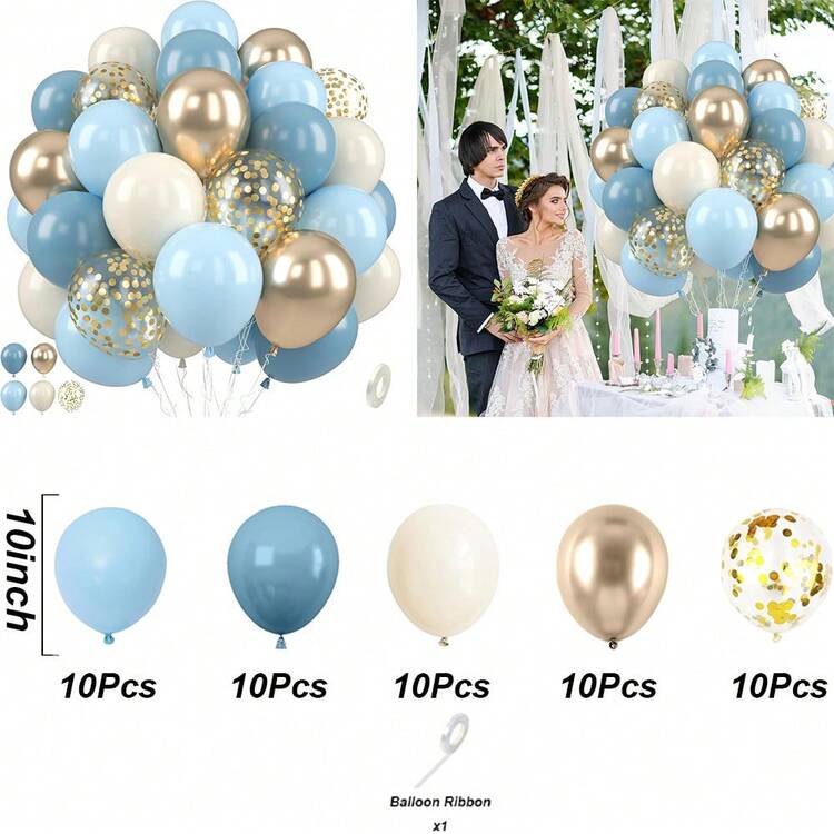 50Pcs Dusty Blue Sand White Gold Balloon Set With Metallic Gold Confetti Balloon Baby Light Blue Balloon Arch Kit For Gender Reveal Birthday Graduations Weddings Anniversary Bridal Shower Boho Party Decorations - Multicolor - View 10
