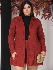 Women's Plus Size Curve Long Ribbed Knit Jacket With Pockets - Elegant Blazer - Autumn Fashion - Terracotta - View 1