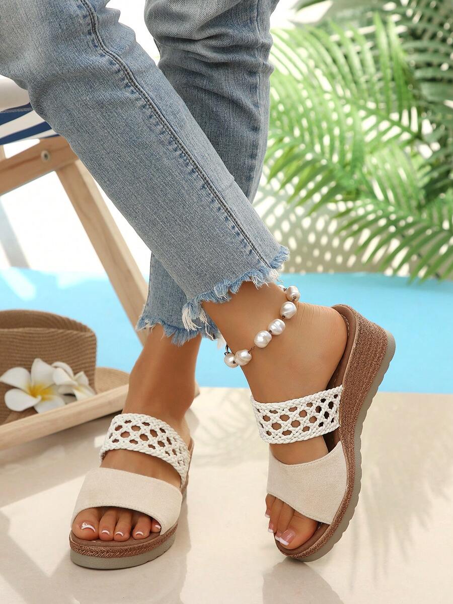 Women's New Fashion Lightweight & Comfortable Wedge Sandals, Summer Beach Vacation Open Toe Slippers, Suitable For Daily Wear, Vacation, Party, Home - Beige - View 1