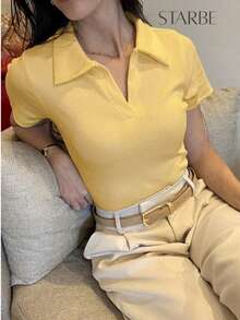Women's Casual Elegant Short-Sleeve Cotton Polo Shirt, Fitted, Ideal For Work, Office, Social, Basic, Or Casual Wear. - 黃色 - 查看 1