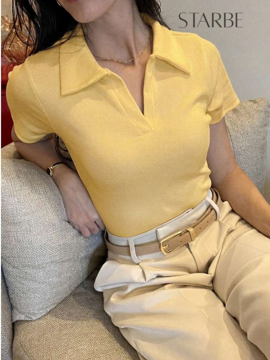 Women's Casual Elegant Short-Sleeve Cotton Polo Shirt, Fitted, Ideal For Work, Office, Social, Basic, Or Casual Wear. - 黃色 - 查看 1