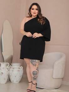 Plus Size Dress Elegant One Sleeve Mule Lame Chic Stylish For Party Nightclub Christmas And New Year - 黑色 - 查看 7
