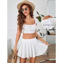 Women Pleated Mini Skirt Y2k Drawstring Short Skirts Ruched Skater Skirt Cute Rave Outfit - 白色 - 查看 5