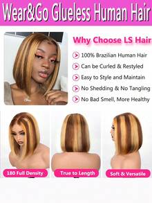 Highlight 100% Human Hair Bob Wigs 5x5 Glueless Lace Wig Human Hair HD Lace Frontal Short Straight Lace Front Wigs For Women Pre Plucked Glueless Free Part 180% Density Honey Blonde With Brown Wig For Party, Cosplay, Daily Use - P4/27--Glueless Lace - 查看 5