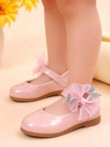 1 Par de Sapatos de Princesa Novos em Revestido Brilhante para Meninas, Tecido de Malha com Decoração de Borboleta de Strass, Leves e Antiderrapantes, Adequados para Apresentações e Uso Diário - Rosa - Ver 1