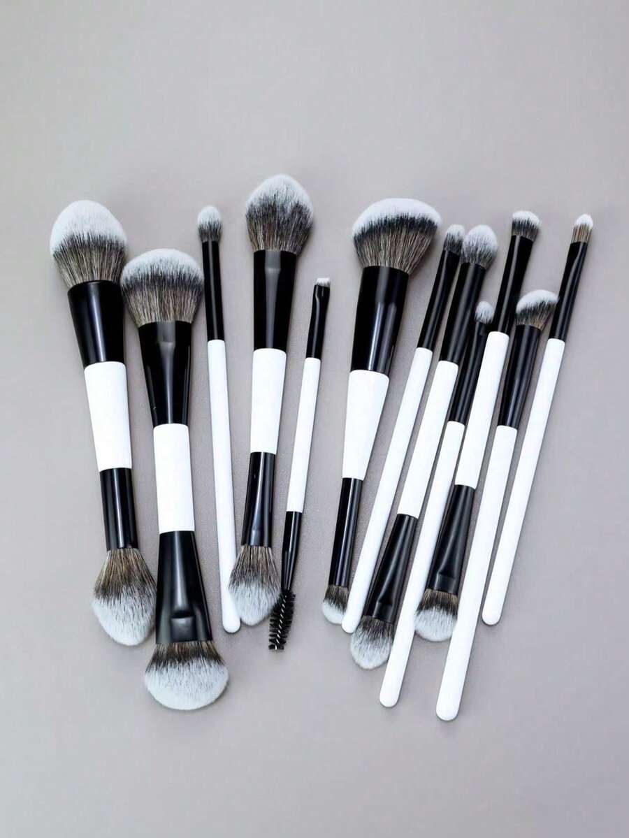 8/12支双头化妆刷套装，包含散粉刷、粉底刷、腮红刷、遮瑕刷、眼影刷、眼线刷、唇刷等，女士及女孩适用化妆工具 - 黑與白 - 查看 1