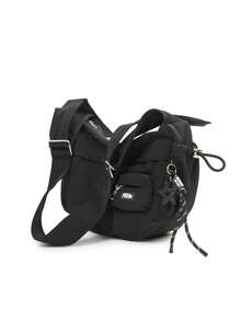 男士尼龙单肩包，大容量，时尚纯色，旅行/假日礼物，户外/骑行/露营斜挎包，夏季返校学生用品，学院风单肩包，新生活必备，高中运动背包 - 黑色 - 查看 4