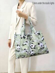 1个女士手提包，熊猫图案，绿色可折叠大容量购物袋，简约设计，百搭风格，适合通勤、旅行、购物，便捷的开合设计，多功能，适用于各种场合，经典耐用，触感舒适，易于清洁，易于搭配 - 綠色 - 查看 5