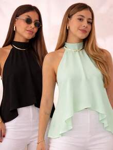 Women's Blouse With High Neck And Asymmetrical Neck Tie - Black/Green - View 2