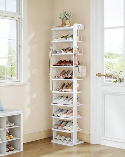 HaluPeit Schuhregal, Schuhablage mit 10 Ebenen, Holz-Schuh-Organizer mit Haken, Verstellbar, Platzsparend, Geeignet für Eingang, Flur, Wohnzimmer, 40B cm, Weiß