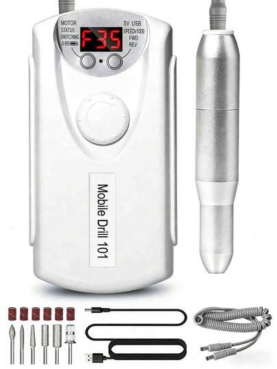 可充电电动指甲锉，便携式亚克力凝胶指甲抛光机，深V型设计，专业美甲打磨套装，带液晶速度显示屏和6个钻头，用于指甲雕刻和抛光，送给女性和女孩的礼物，感恩节和圣诞节礼物，适合家庭和美甲沙龙使用