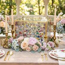 Hand Painted Floral Stained Glass Wedding Glass Card Box With Slot Wedding Envelope Holder Reception, Gold Card Box With Lock Decorative Shower Birthday Party Bridal Shower - 花卉圖案 + 10.43 x 5.9 x 8.46 英寸 - 查看 3