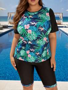Curvy Women's Fresh Tropical Floral & Bird Print Rash Guard - Crew Neck Short Sleeve Top With Matching Print Hem Knee-Length Shorts Stylish Summer Pool Swimsuit - Nhiều màu - Xem 3