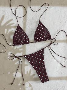 PEPPERMOLLY 新款柔软波点图案无袖交叉绑带比基尼套装，优雅女士夏季沙滩时尚比基尼度假 - 藍棕色 - 查看 3
