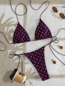 Bộ bikini không tay dây chéo họa tiết chấm bi mềm mại mới của PEPPERMOLLY, bikini thời trang mùa hè thanh lịch dành cho nữ đi biển. - Màu tím đậm - Xem 1